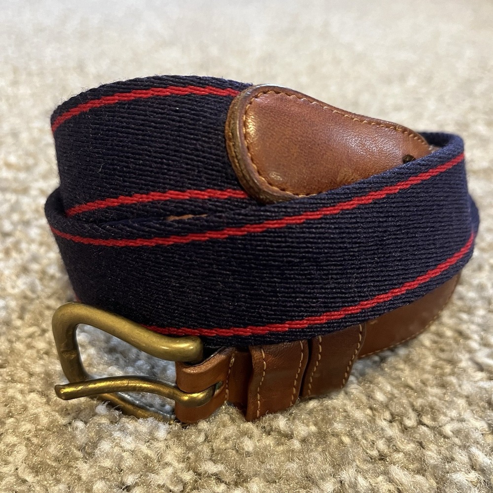 Coach Wool Canvas Belt Navy Blue/Red Stripe Leather Tabs Sz 34 Inches 85 cm 2703